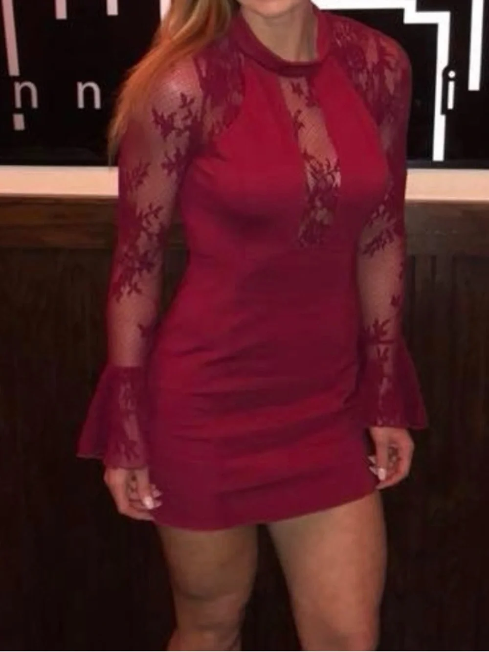 Women's Burgundy Lace Long Bell Sleeve Bodycon Dress